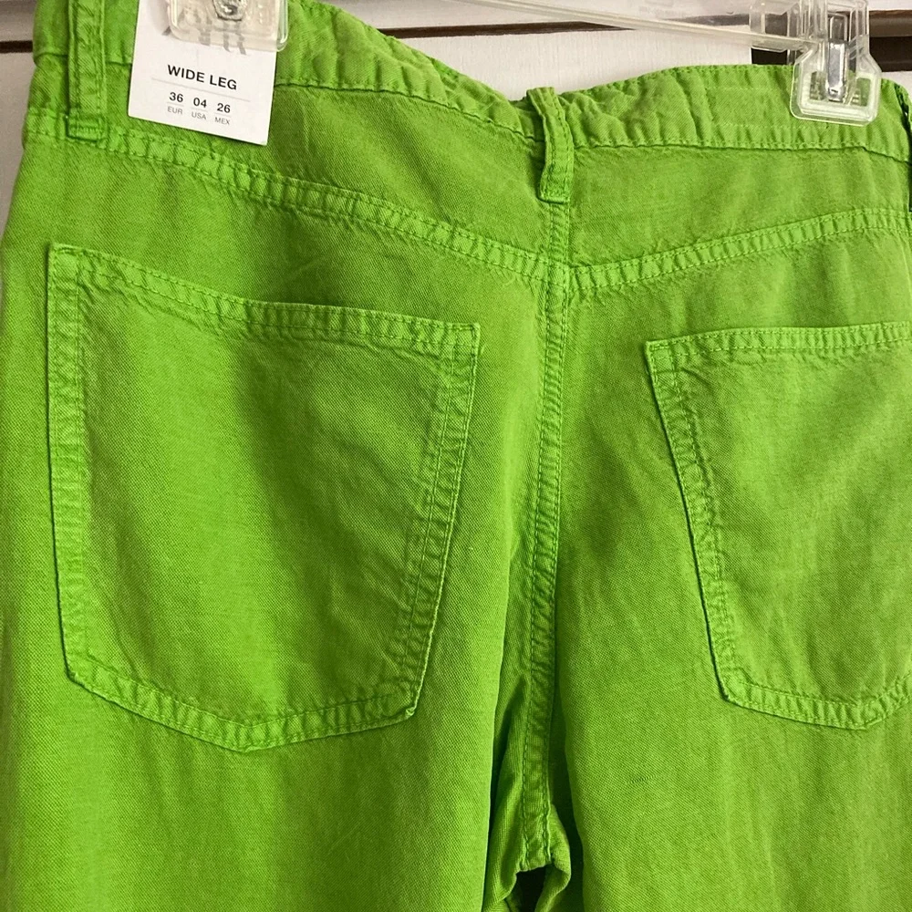 Zara Bright Green Linen Blend Mid Rise Full Length Wide Leg Pants, NWT Sz 4